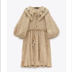 New Zara Peter Pan Collar Mini Dress Light Khaki Medium